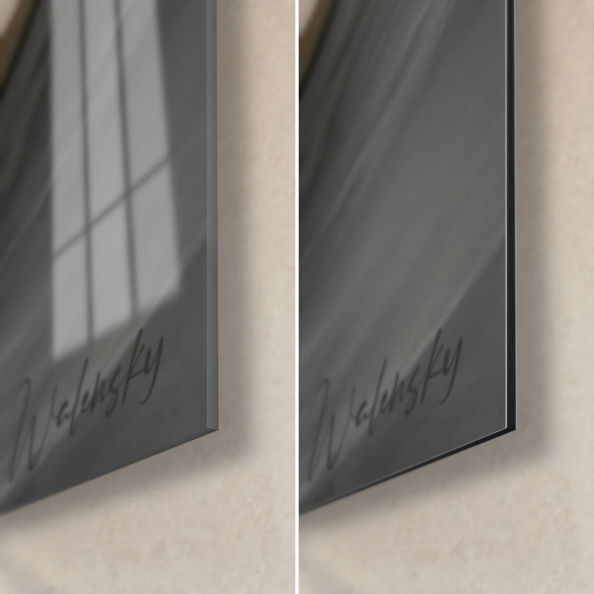 Wall art of a black and orange snowboarder, bottom right corner: glossy acrylic glass on the left, matte Dibond aluminium on the right, 3 mm edge