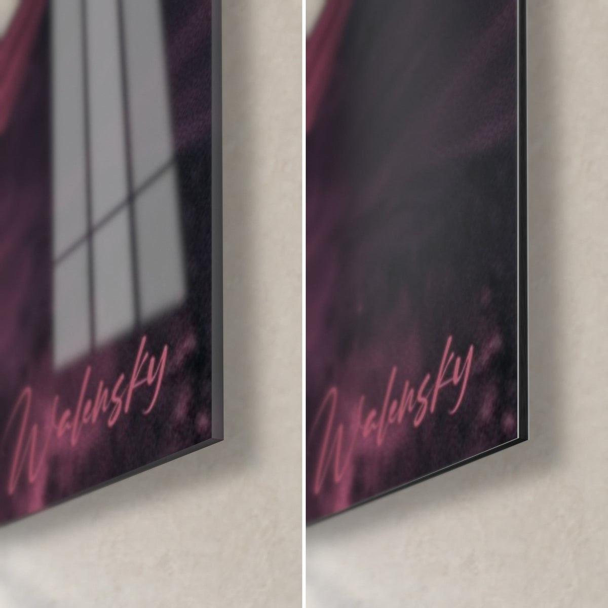 Wall art snowboarder against a burgundy sky, pink Walensky signature bottom right, glossy glass on the left, matte black Dibond on the right