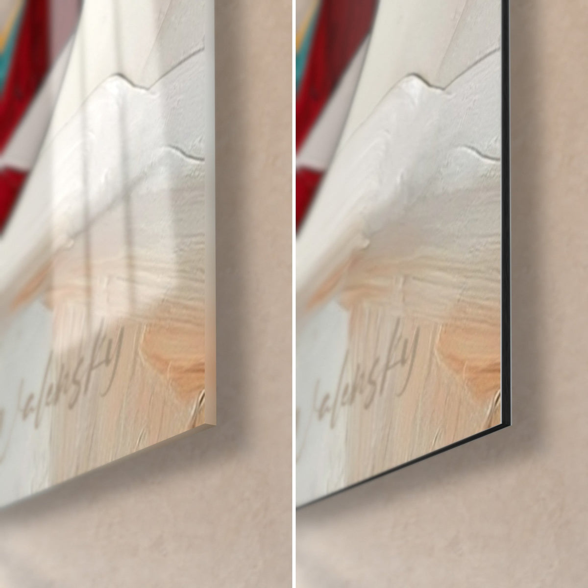 Tableau rider en virage doré, coin bas droit : verre acrylique brillant à gauche, alu Dibond mat noir à droite, tranche de 3 mm