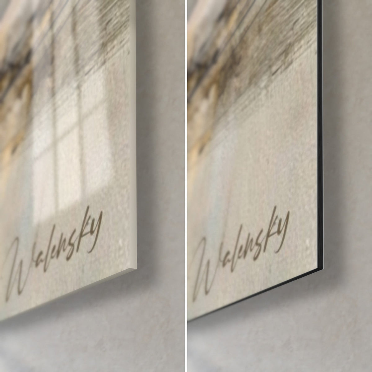 Quadro snowboarder nero, angolo in basso a destra: vetro acrilico lucido con riflessi di finestra, Dibond opaco beige, spessore 3 mm