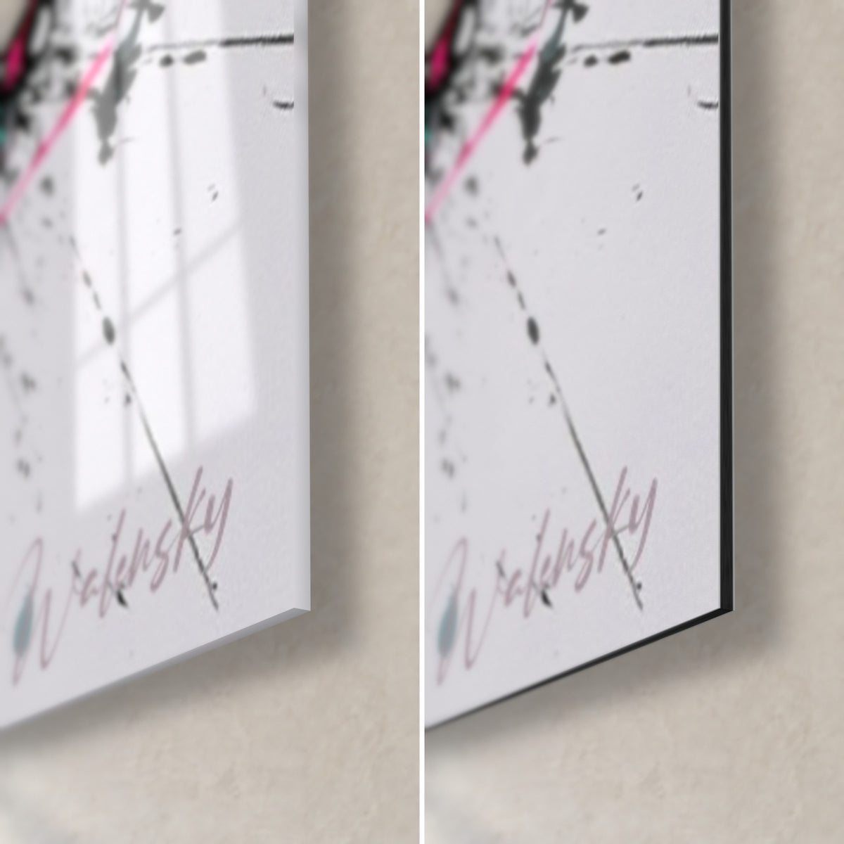Wall art rider in helmet, lower right corner: glossy acrylic glass with reflections on the left, matte black Dibond aluminium on the right, 3 mm edge