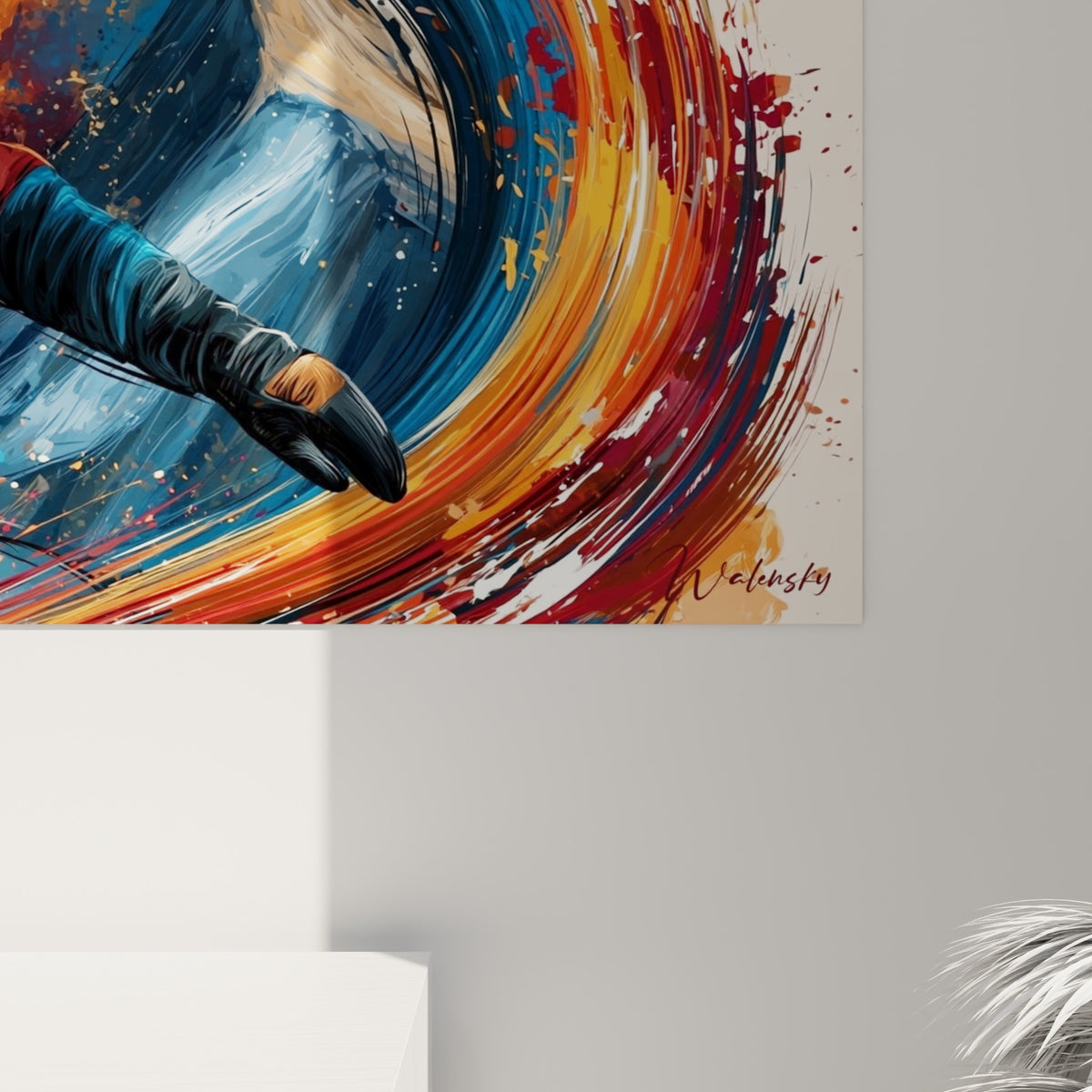 Empâtements colorés en gros plan, coulures orange et bleu ardoise se mêlant sur la toile du tableau snowboard