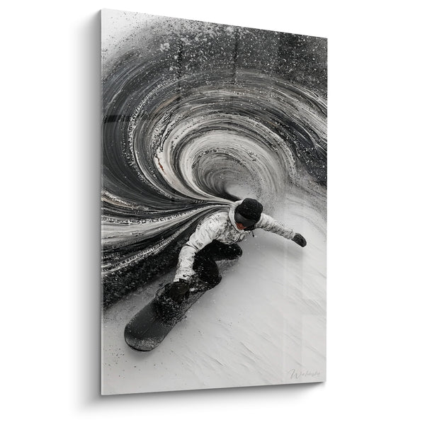 Tableau Snowboardeur blanc et noir dans un vortex - Spirale tourbillonnante en noir - Edition Snowboard