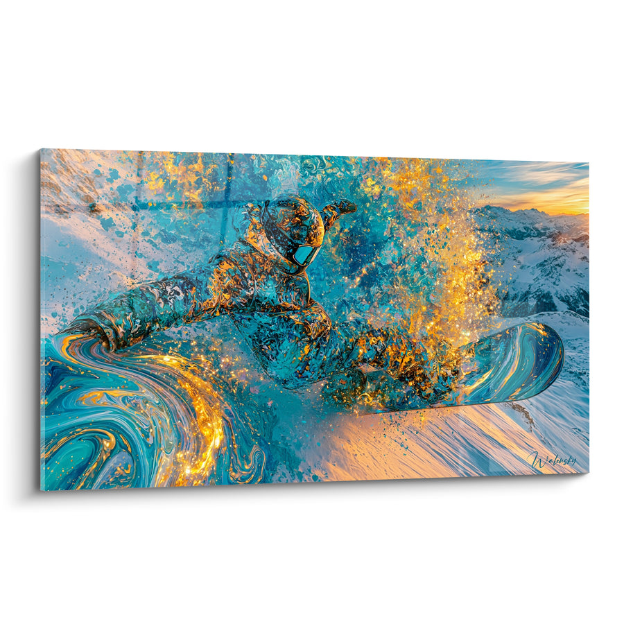 Tableau Snowboardeur turquoise et doré en tourbillon liquide - Sommets enneigés au loin - Edition Snowboard