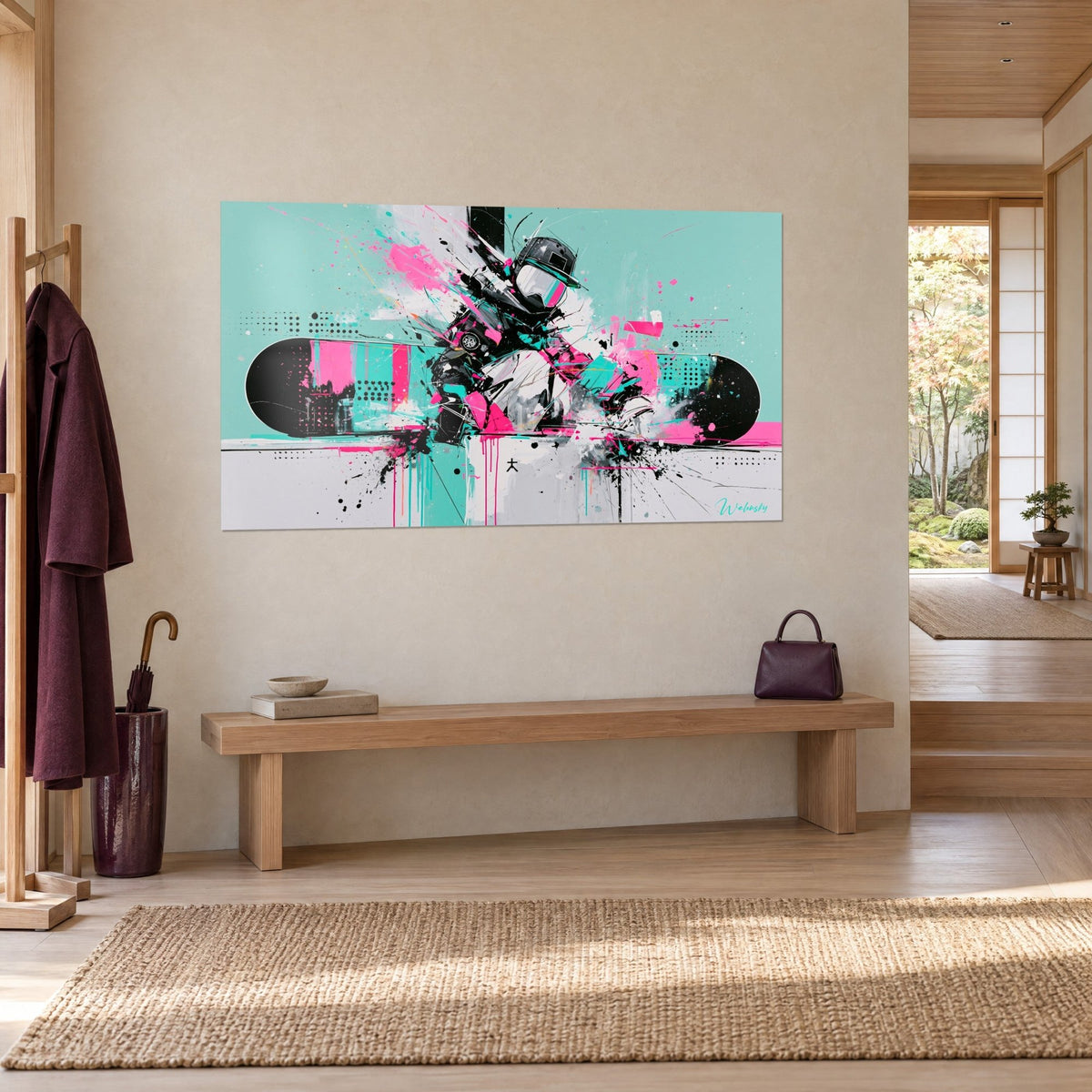 Quadro di uno snowboarder con maschera rosa, tavola nera schizzata di turchese e bianco, vista a tre quarti accanto a una panca in legno
