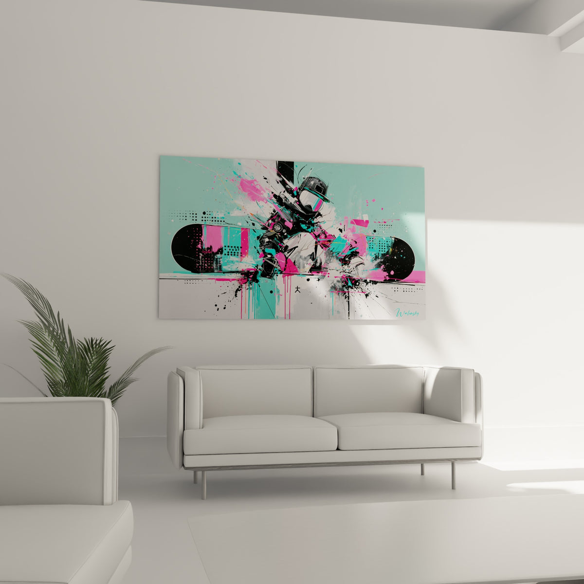 Silhouette casquée noire jaillissant d'un nuage turquoise et rose au-dessus d'un canapé dans un salon lumineux