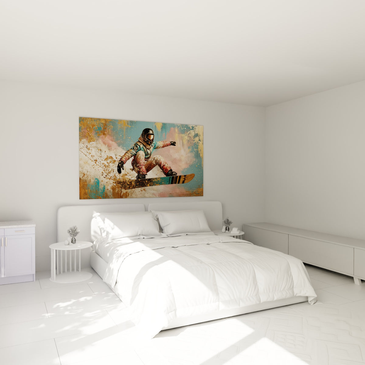 Rider casqué jaillissant de neige dorée et rose, au-dessus d'un lit dans une chambre claire