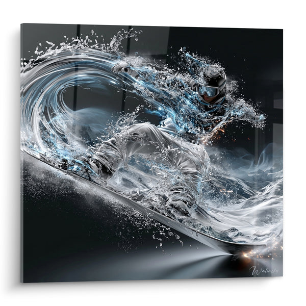 Tableau Snowboardeur en vague d'eau bleutée - Fusion liquide - Edition Snowboard