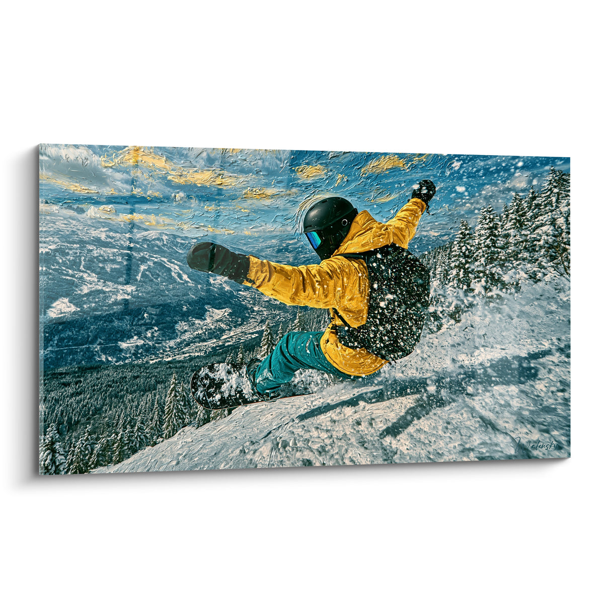 Snowboardeur en veste jaune et pantalon turquoise dévalant une pente enneigée, ciel doré et bleu peint