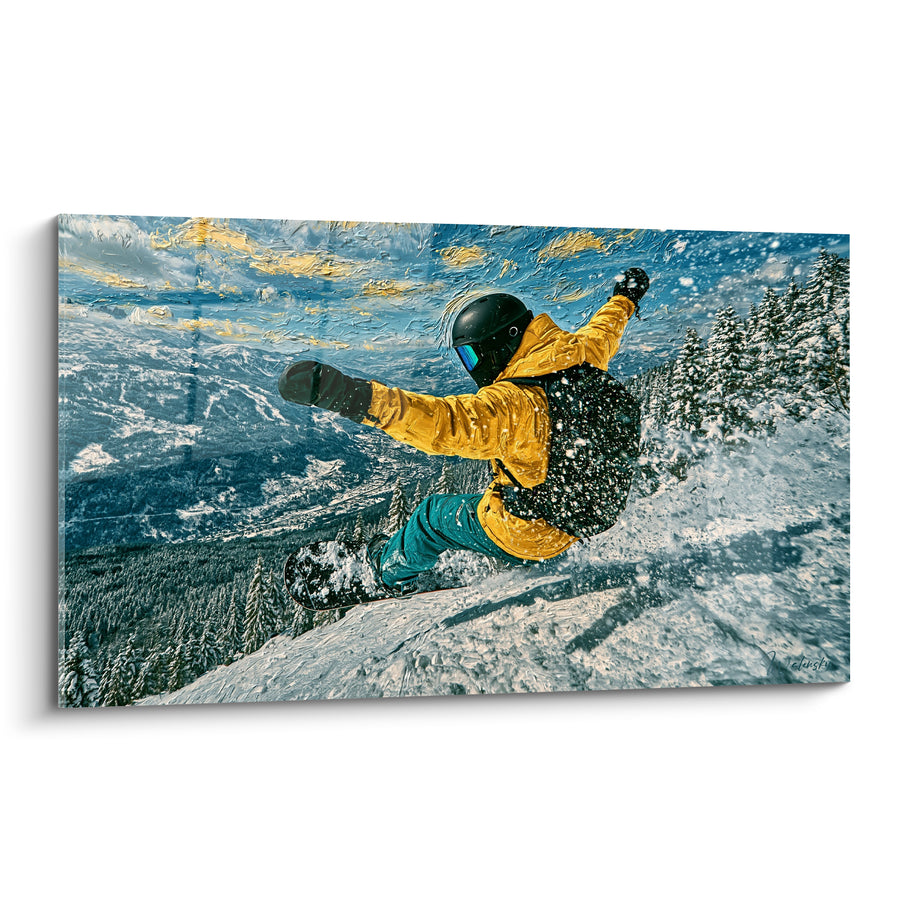 Tableau Snowboardeur jaune et turquoise dévalant une pente vertigineuse - Sac à dos noir - Edition Snowboard
