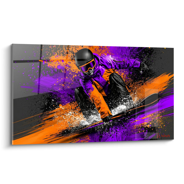 Quadro Snowboarder viola e arancione in spruzzi - Maschera con lenti ambrate - Edizione Snowboard