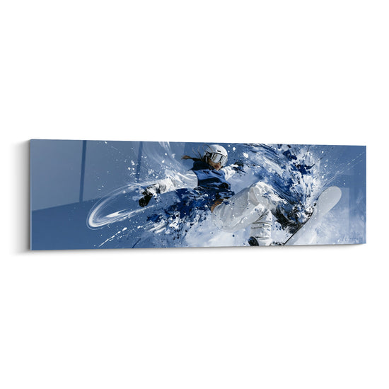 Tableau Snowboardeuse bleu marine et blanc en virage - Casque blanc profilé - Edition Snowboard