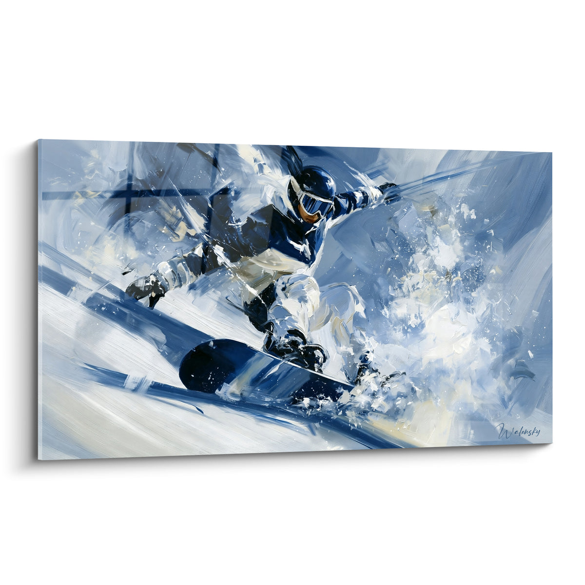 Snowboardeur en plein virage, planche bleu marine et neige blanche projetée en tourbillon