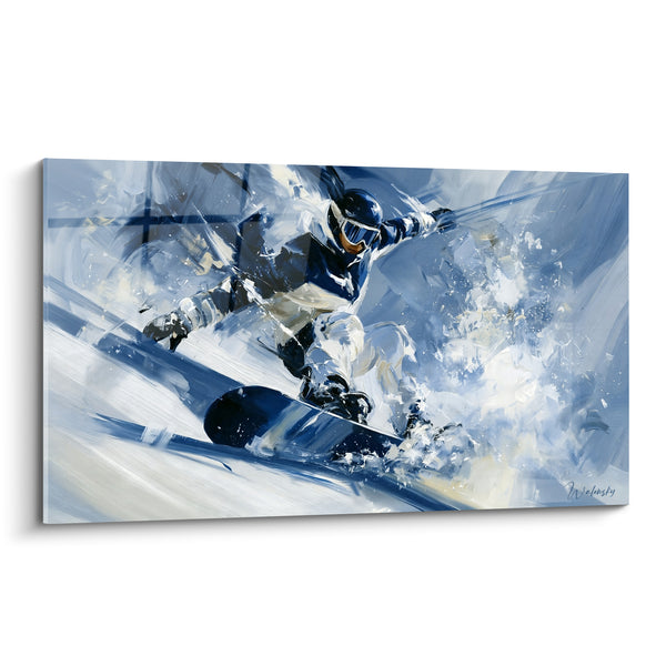 Tableau Snowboardeur bleu marine et blanc en carre - Planche noire éclaboussée - Edition Snowboard
