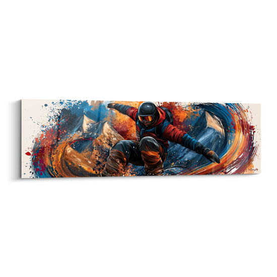 Tableau Snowboardeur bleu et orange en virage - Ligne de descente - Edition Snowboard