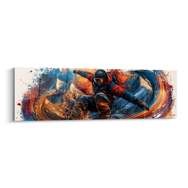 Tableau Snowboardeur bleu et orange en virage - Ligne de descente - Edition Snowboard