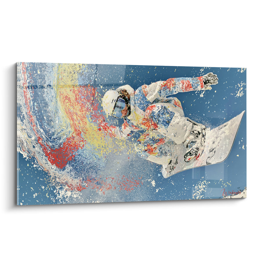 Tableau Snowboardeur blanc et rouge en tourbillon de peinture - Planche tachetée d'encre - Edition Snowboard