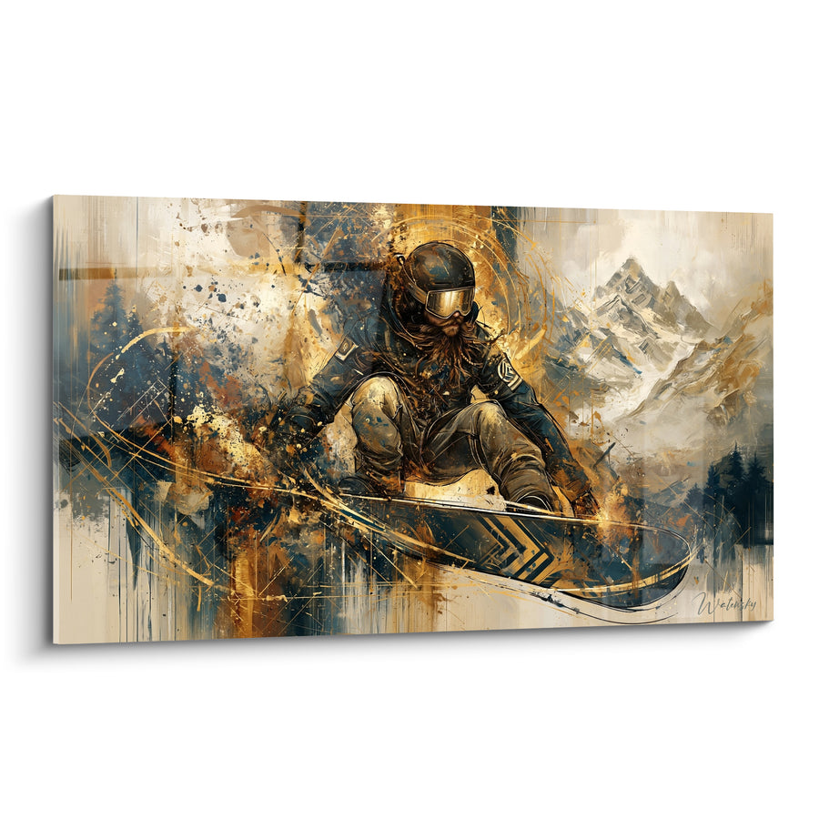 Tableau Snowboardeur casqué en virage doré - Vitesse en altitude - Edition Snowboard