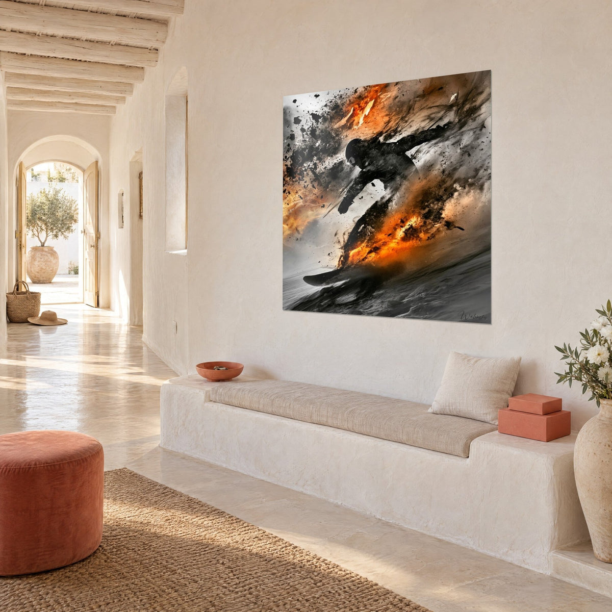 Wall art of a helmeted rider hurled into an explosion of orange embers and black shards on a grey background, three-quarter view, Mediterranean house