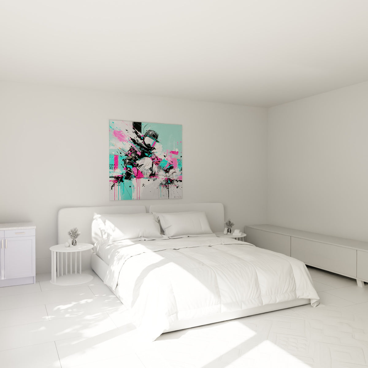 Snowboardeur casqué figé en plein virage, touches roses et turquoise, au-dessus d'un lit dans une chambre claire