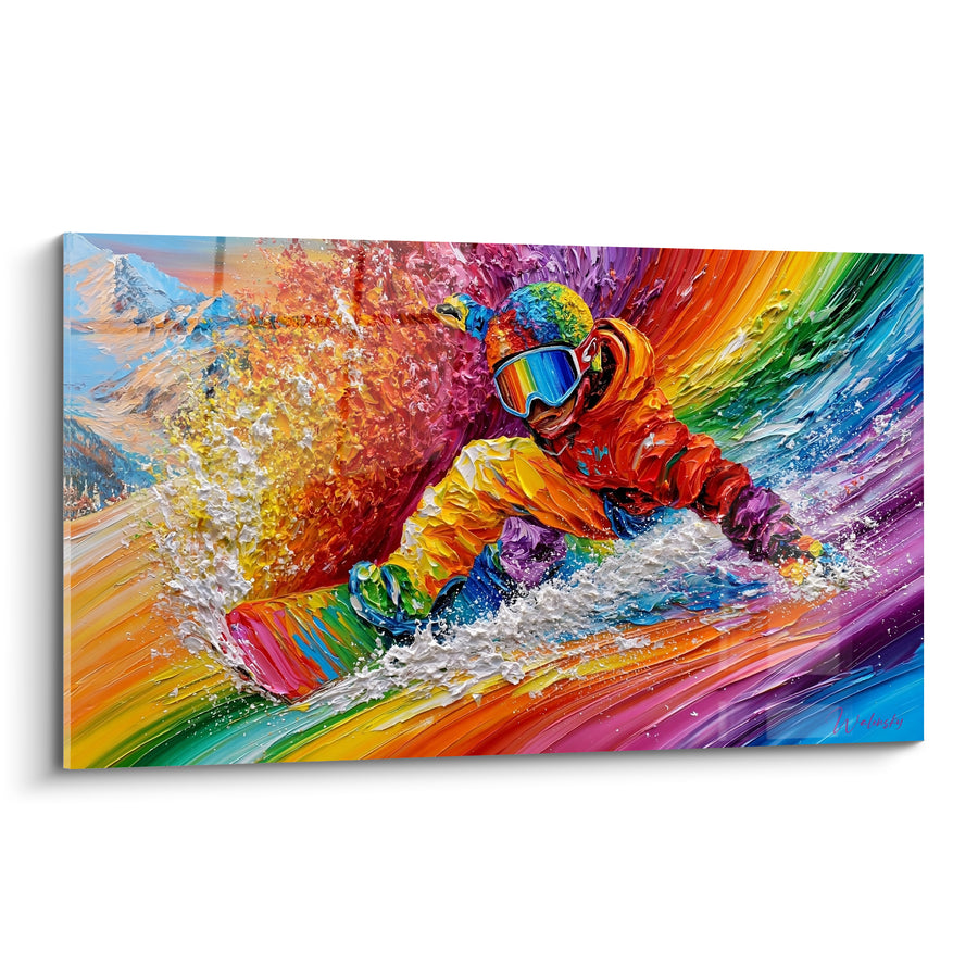 Tableau Snowboardeur orange et jaune aux montagnes lointaines - Masque arc-en-ciel - Edition Snowboard