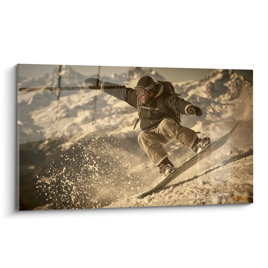 Tableau Snowboardeur en virage sur poudreuse dorée - Élan sur la poudreuse - Edition Snowboard