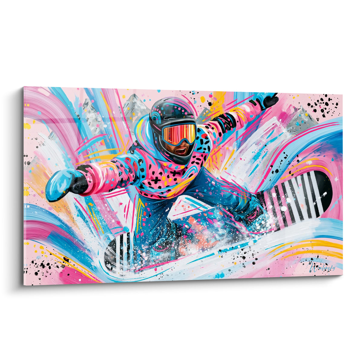 Snowboardeur en virage sur fond rose et bleu, planche rayée noir et blanc, éclaboussures de peinture