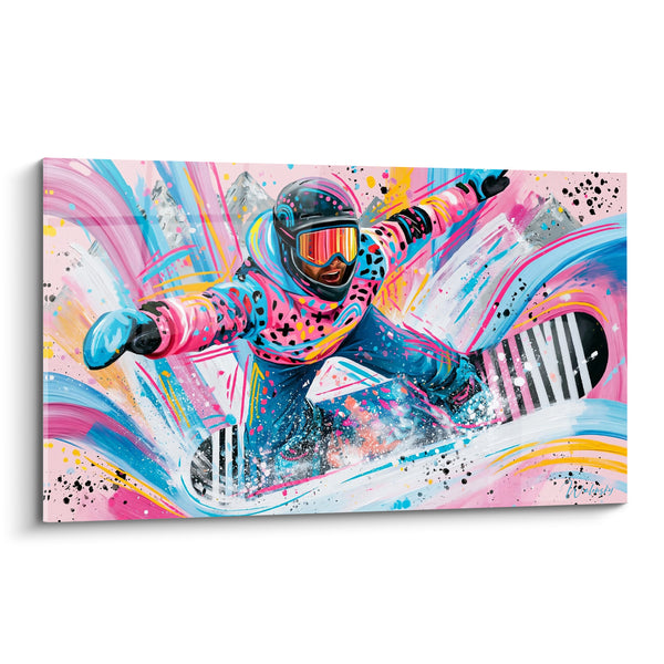 Tableau Snowboardeur rose et bleu à pois colorés - Planche rayée noir et blanc - Edition Snowboard