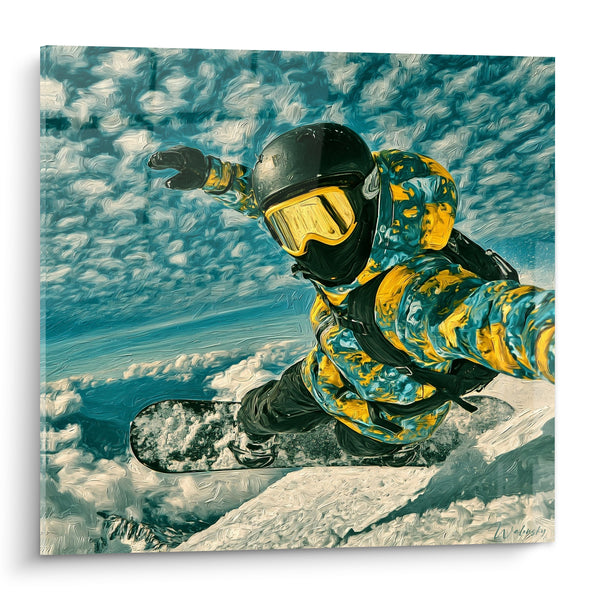 Tableau Snowboardeur en virage combinaison turquoise et jaune - Adrénaline en piste - Edition Snowboard