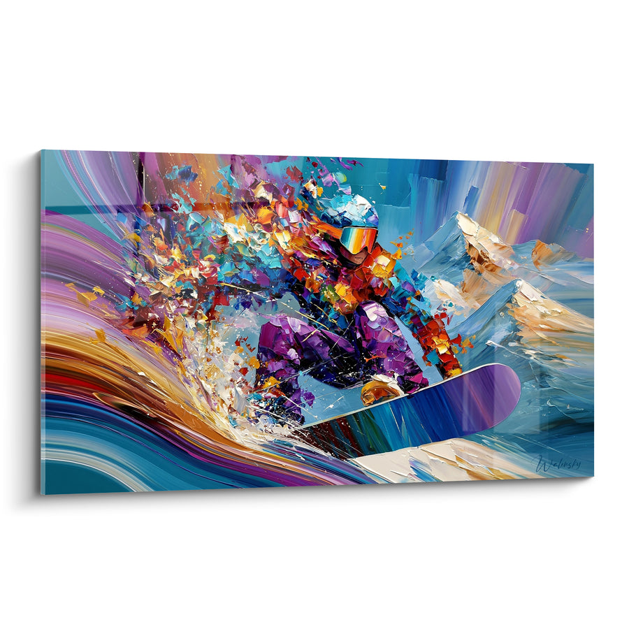 Tableau Snowboardeur violet et bleu en vague tourbillonnante - Masque irisé multicolore - Edition Snowboard