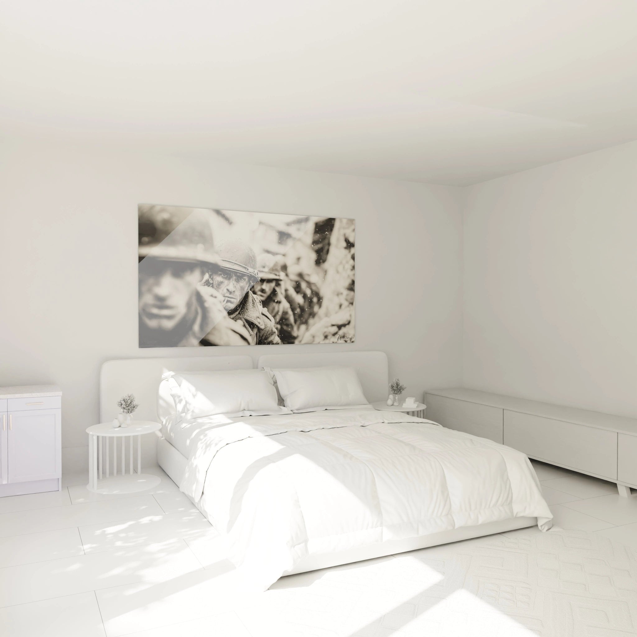tableau Première Guerre mondiale Walensky accroché au dessus d un lit king size dans une chambre epuree et lumineuse