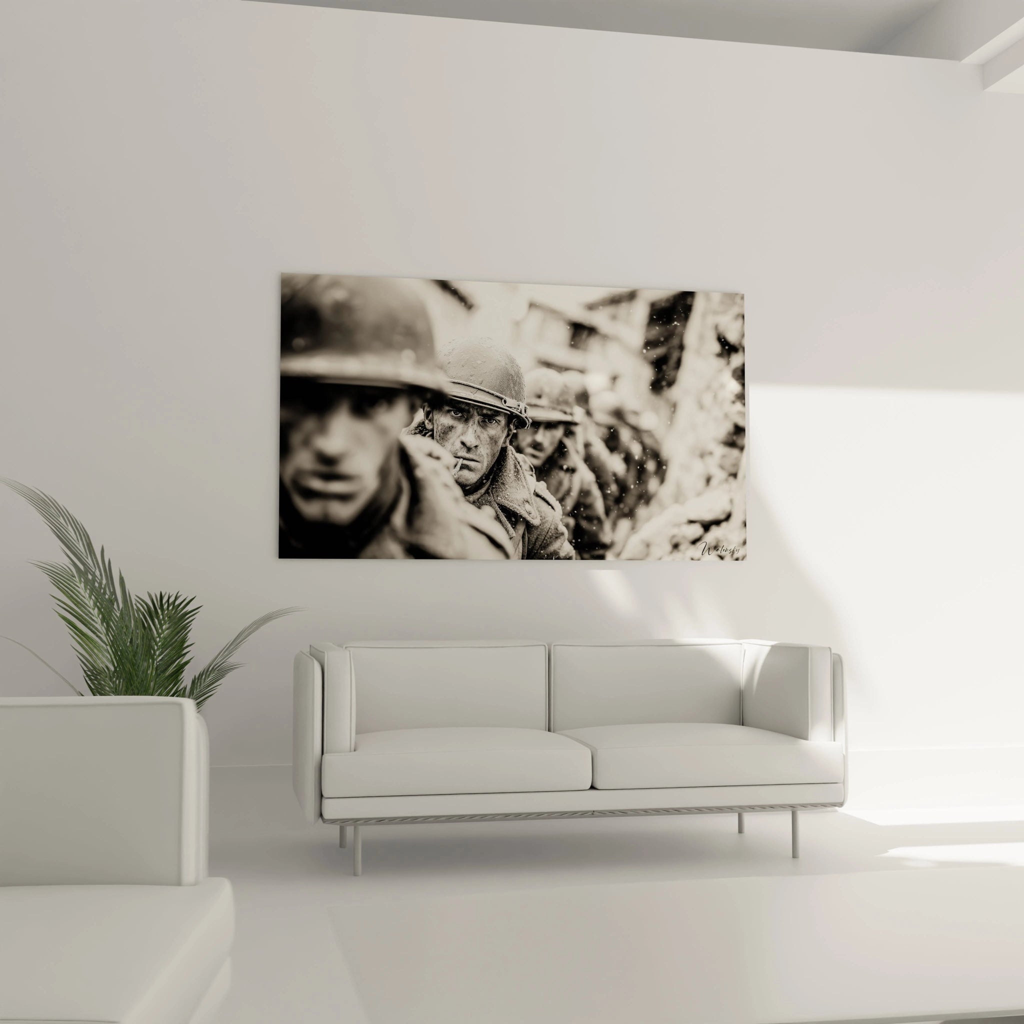 tableau Première Guerre mondiale Walensky montrant soldats en tranchée sépia accroché au dessus d un canapé moderne blanc