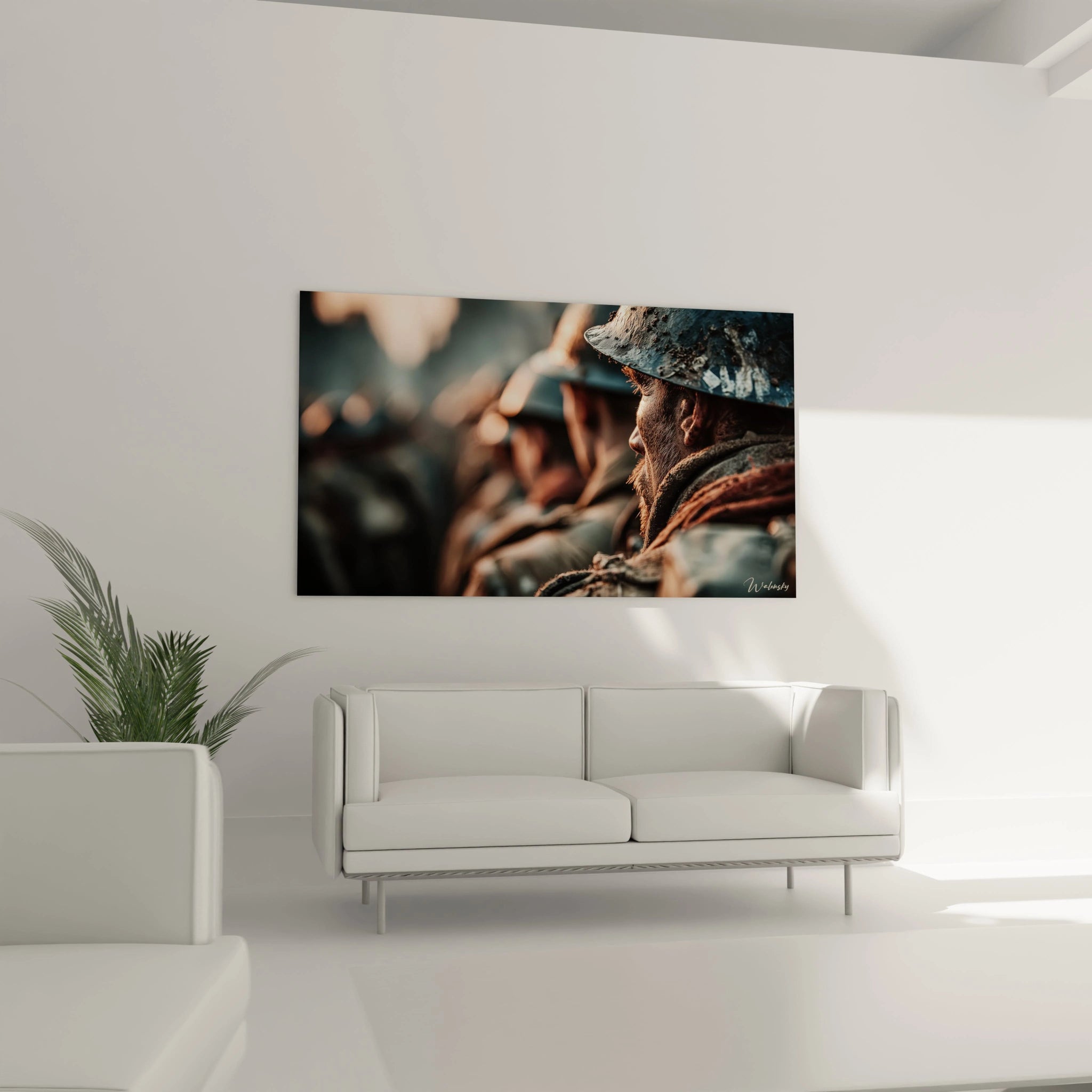 tableau soldat Première Guerre mondiale sur toile Walensky affiché au dessus d un canapé blanc moderne