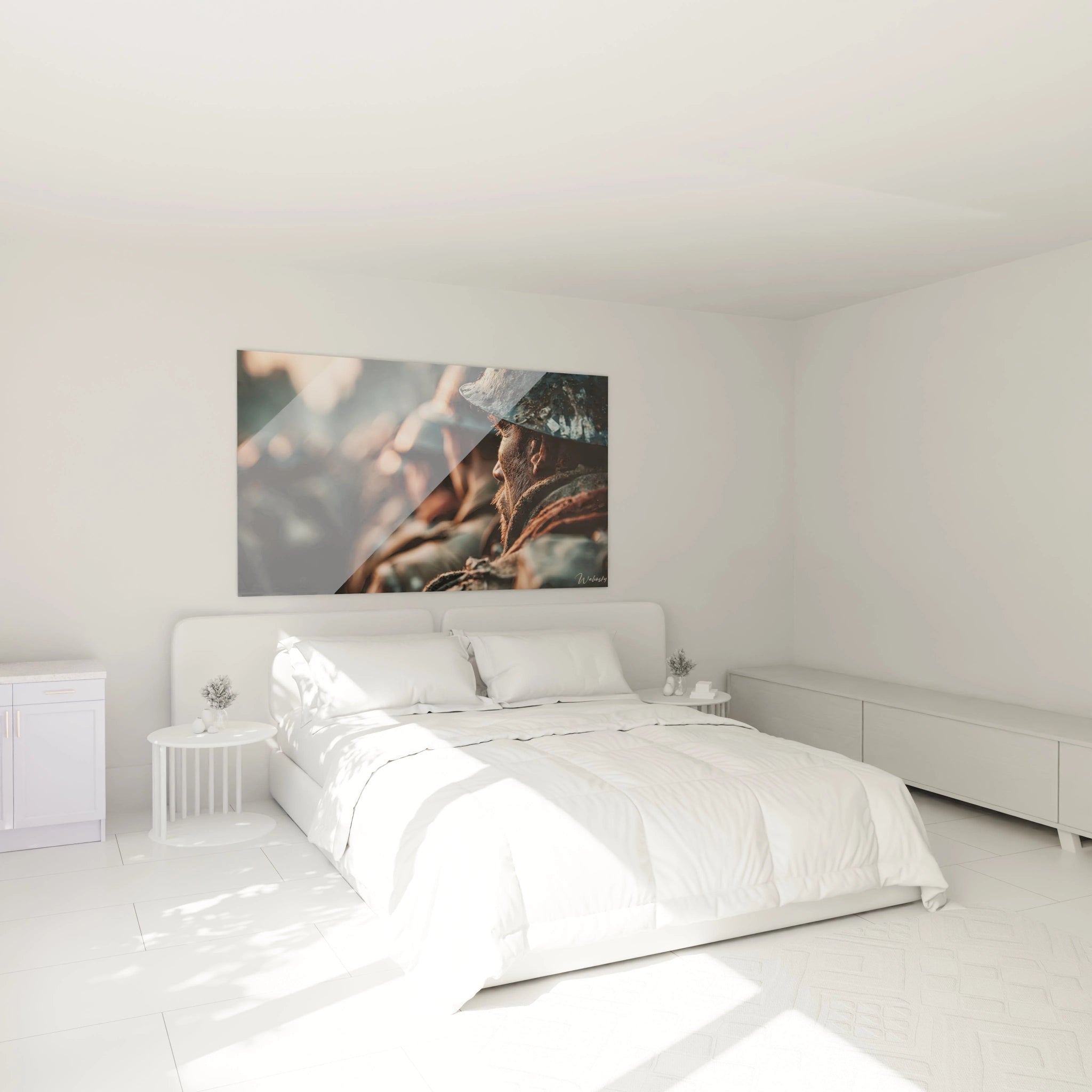 Walensky tableau soldat Première Guerre mondiale mural au dessus d un lit blanc dans une chambre minimaliste