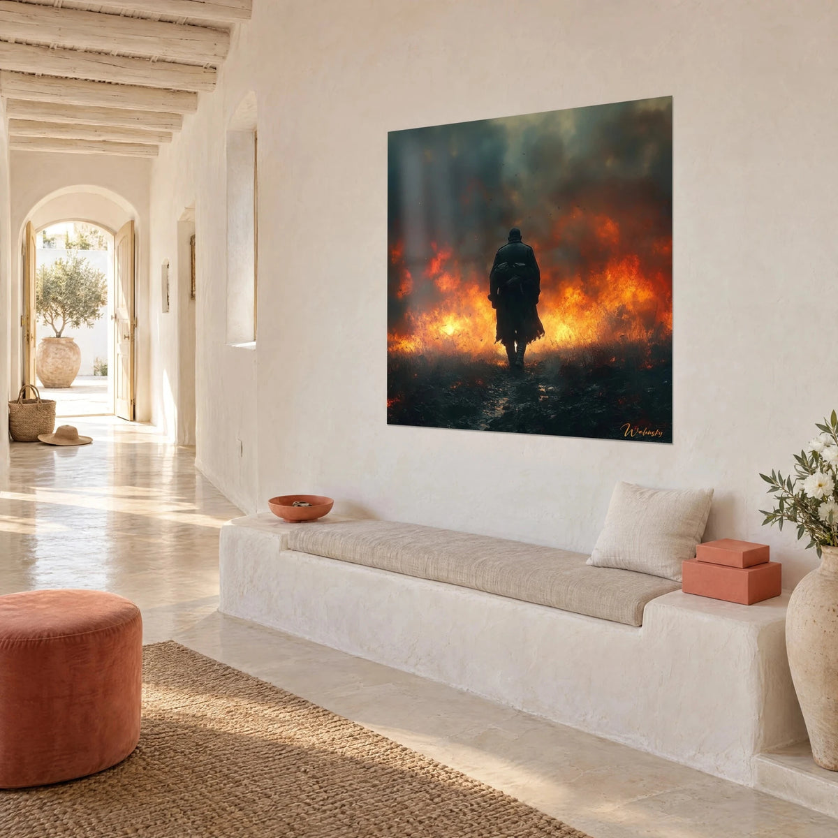 Wall art infantryman seen from behind on a muddy trail, amber flames and grey-blue clouds, hung in a Mediterranean hallway