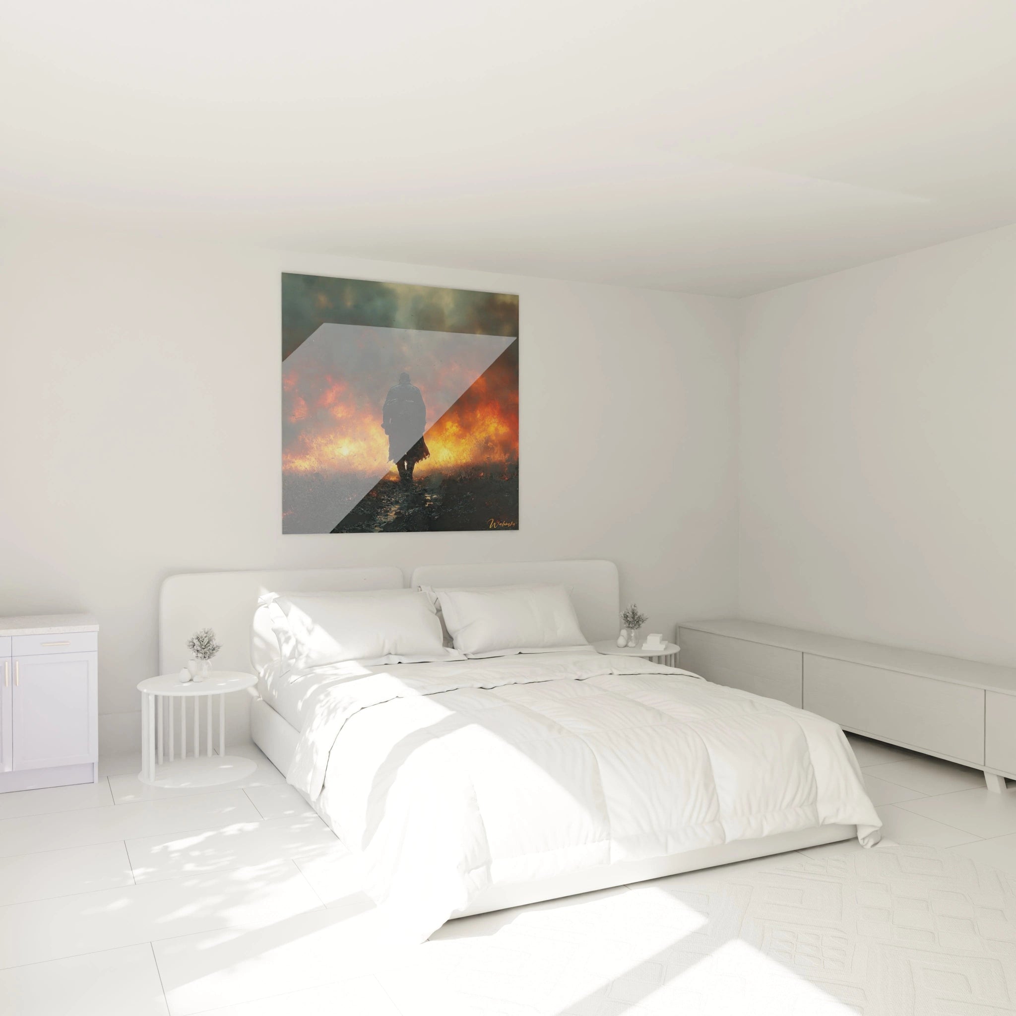 tableau soldat seconde guerre mondiale Walensky accroché au dessus du lit dans une chambre blanche minimaliste