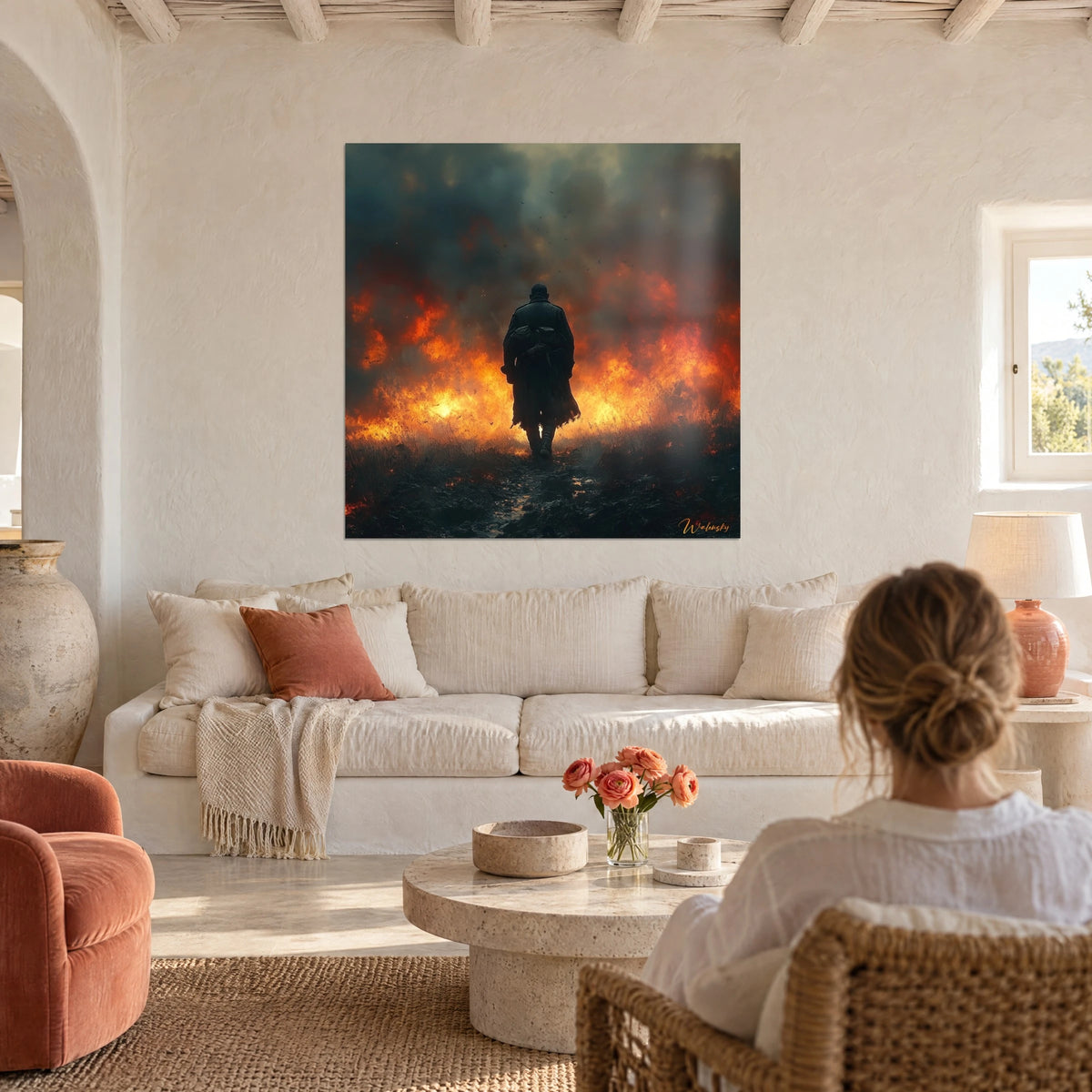 Wall art silhouette of a soldier in a long coat walking toward an orange blaze, anthracite smoke, above a sofa in a bright living room