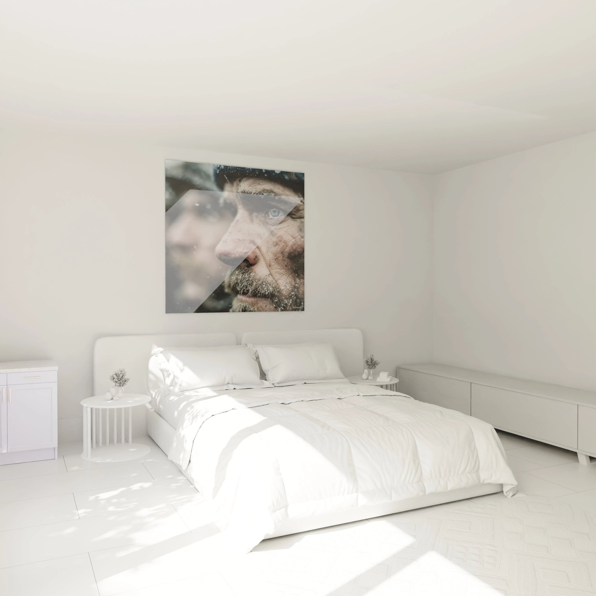 tableau soldat Première Guerre mondiale mural Walensky accroché au dessus d un lit dans une chambre blanche minimaliste