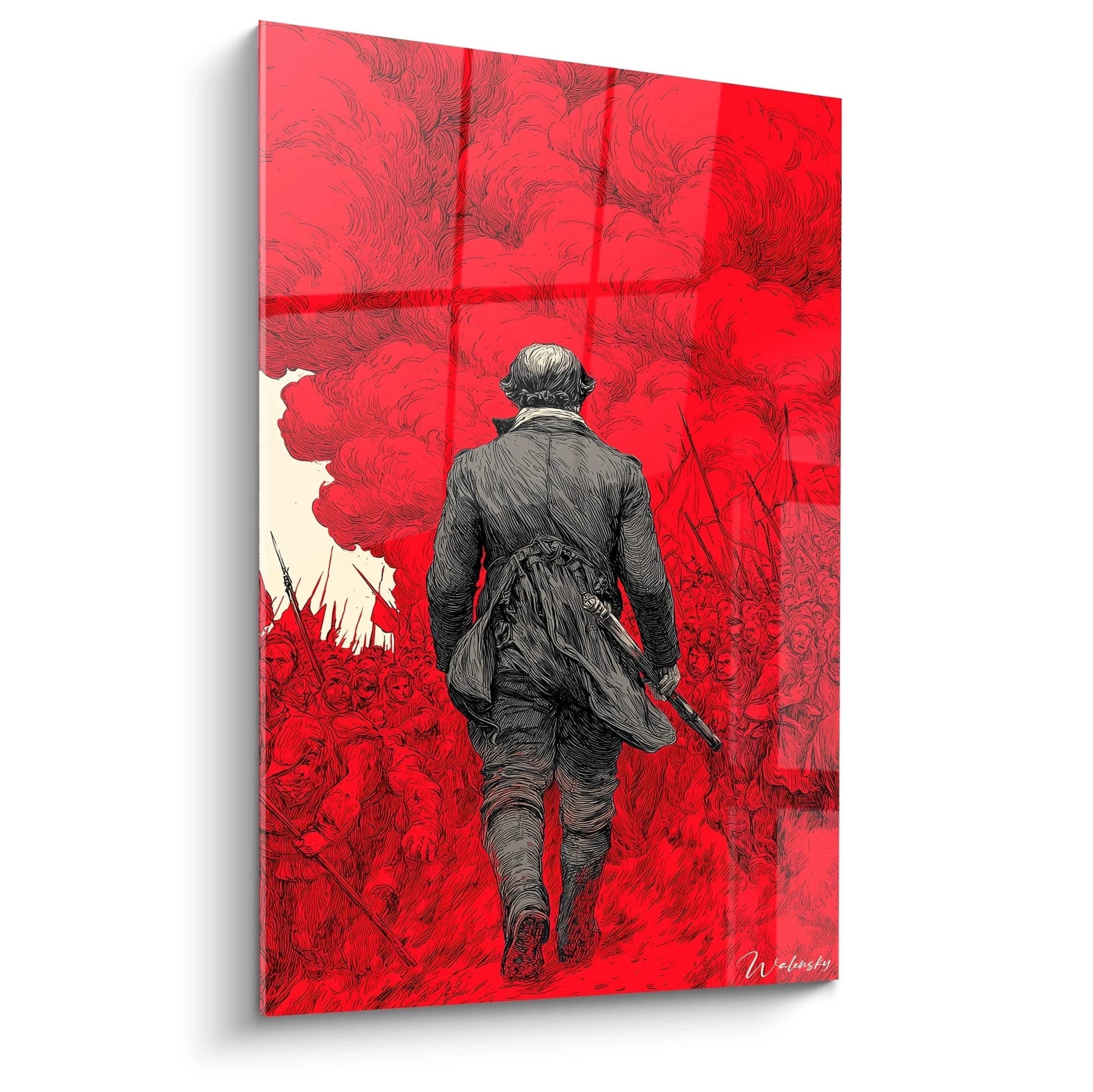Walensky tableau montrant homme de dos marchant vers la foule sous nuages rouges tableau révolution française art mural dramatique