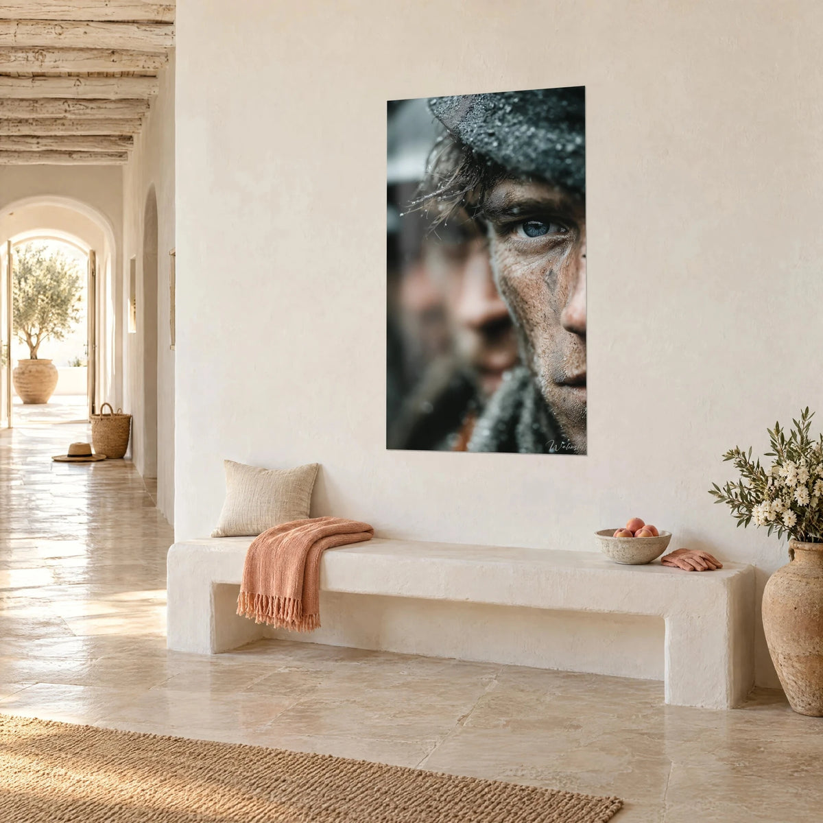 Wall art close-up portrait of a infantryman in a frost-grey wool beanie, piercing blue eye, earthy face, vaulted white hallway