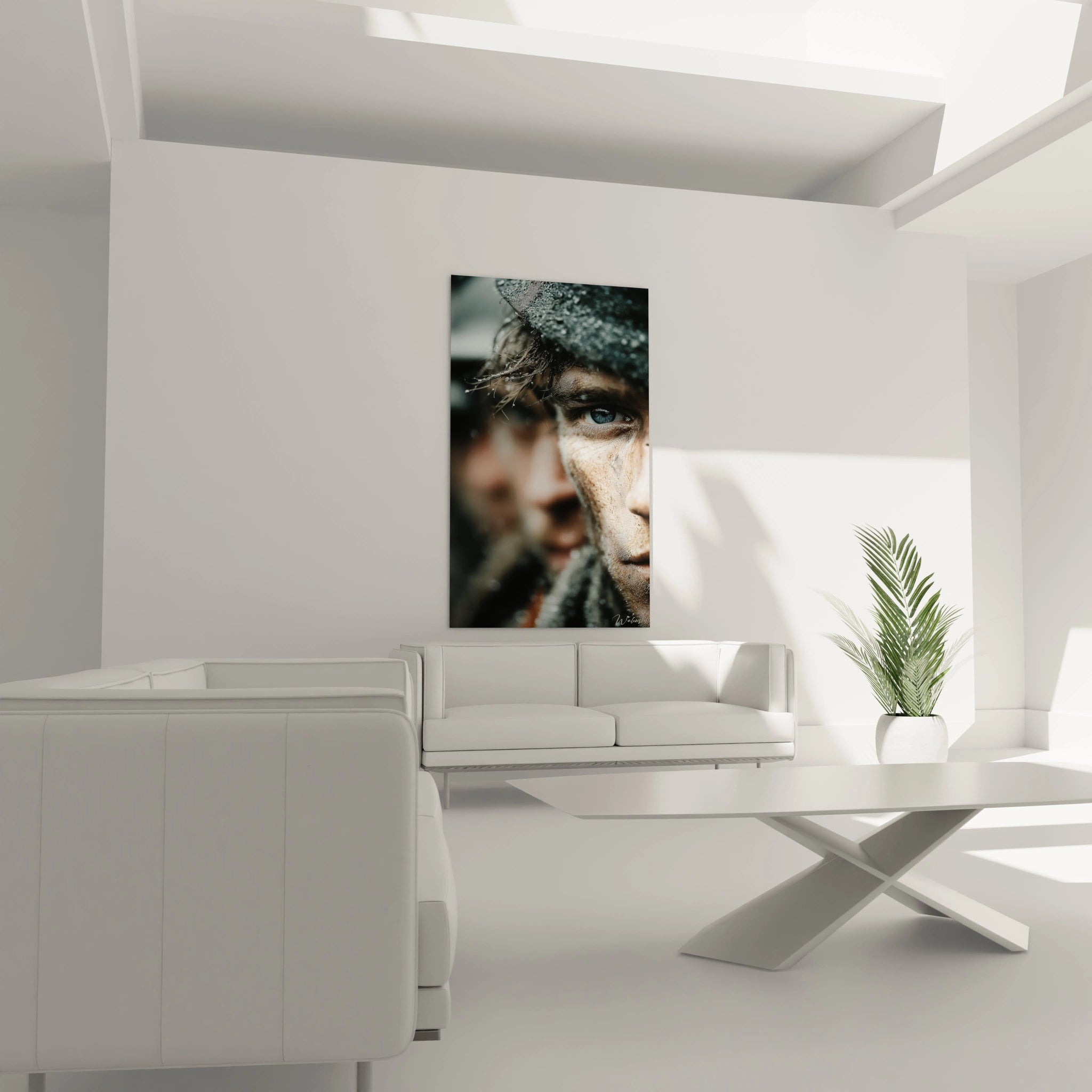 tableau soldat Première Guerre mondiale Walensky dans salon minimaliste blanc gros plan visage de soldat enneigé