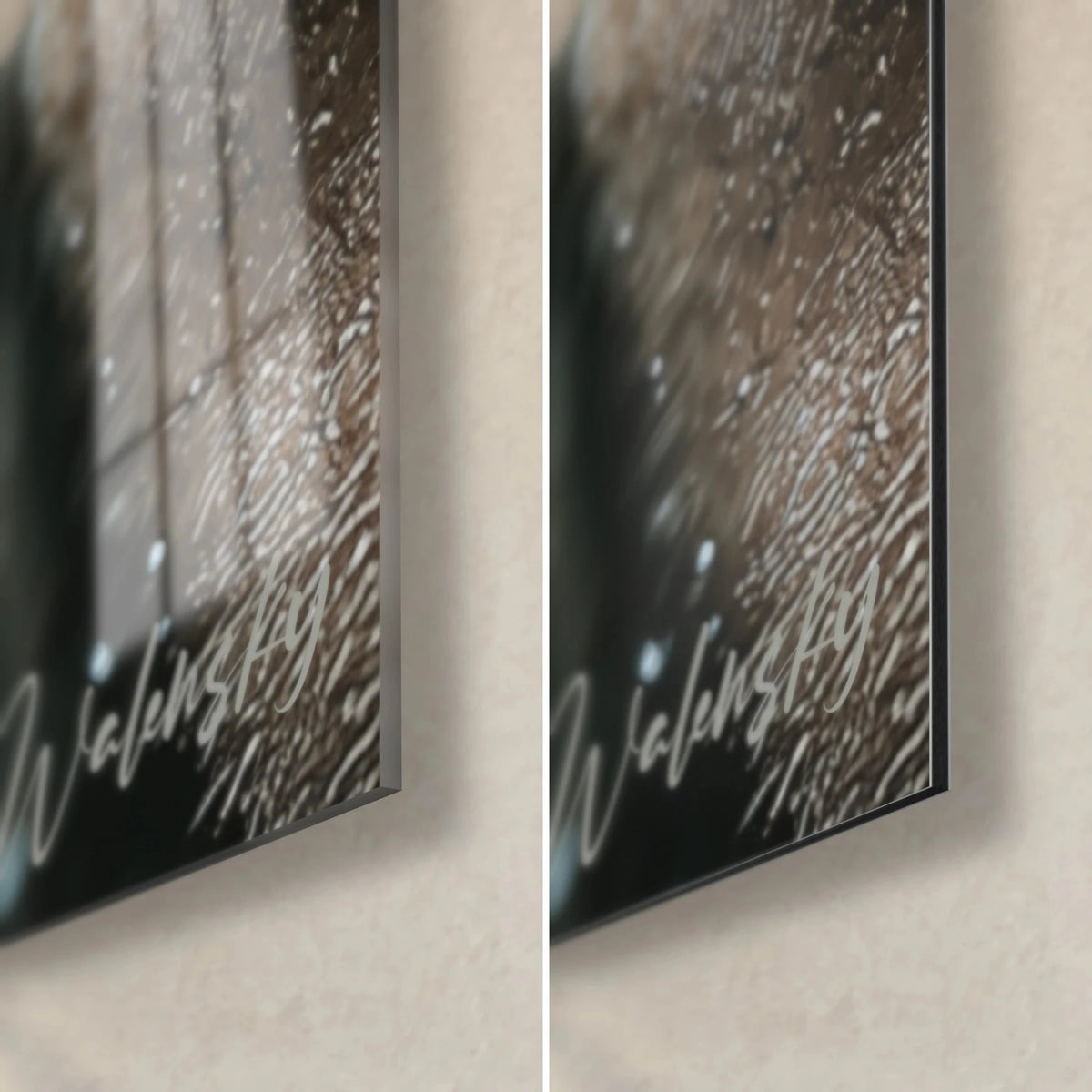 Wall art soldier in a frosted beret, bottom right corner: 3 mm edge, glossy acrylic glass on the left, matte Dibond aluminium on the right