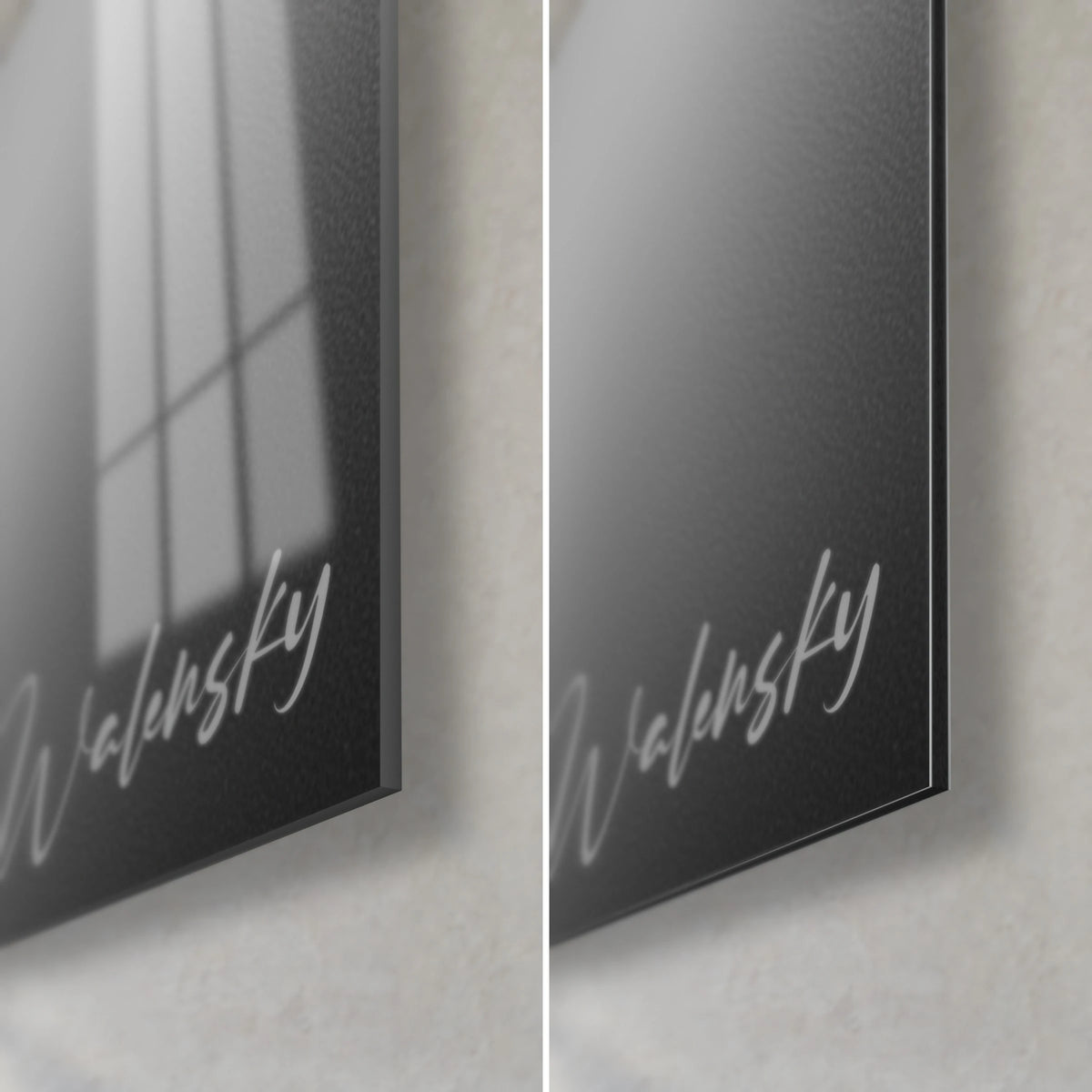 Cuadro de rostro de soldado en blanco y negro, esquina inferior derecha: cristal acrílico brillante que refleja una ventana, Dibond gris mate, canto fino