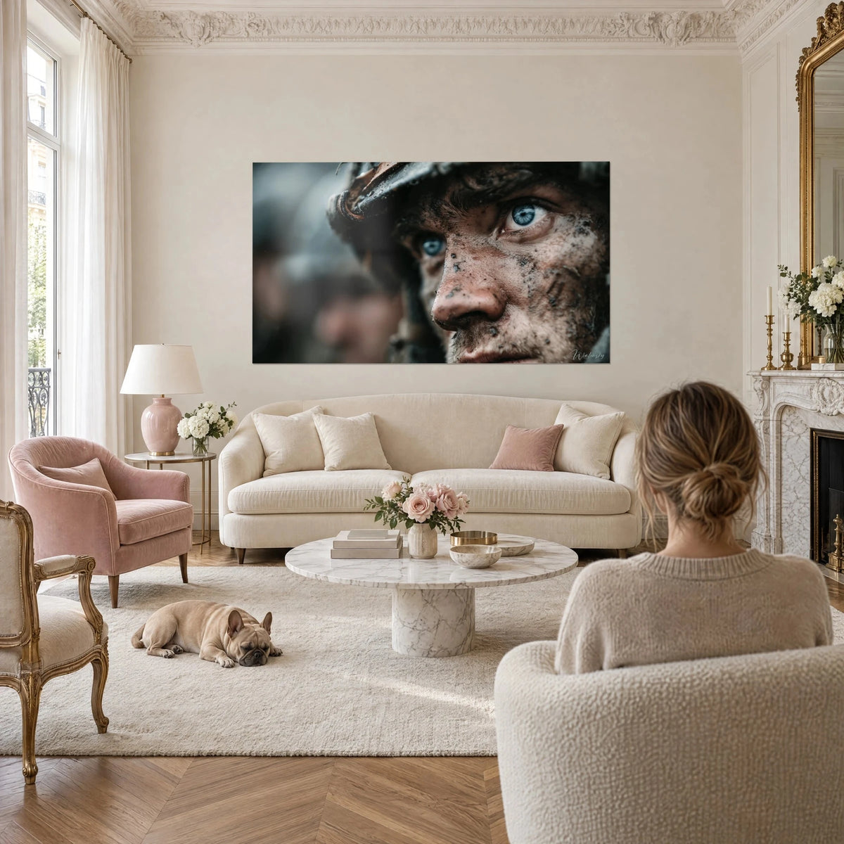 Wall art of a soldier with glacier-blue eyes, face caked in brown mud and rusty helmet, above a sofa in a bright living room