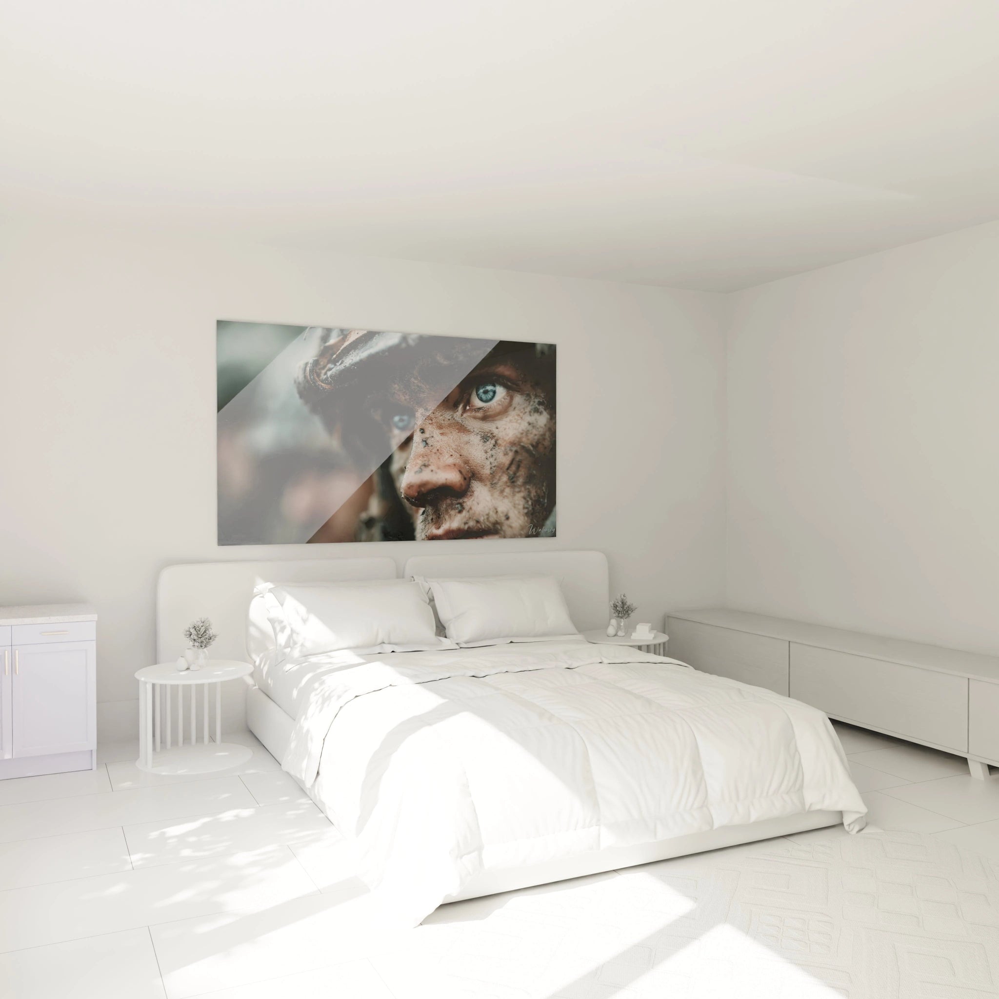 Tableau mural Walensky affichant un gros plan visage de soldat boueux tableau soldat Première Guerre mondiale au dessus du lit