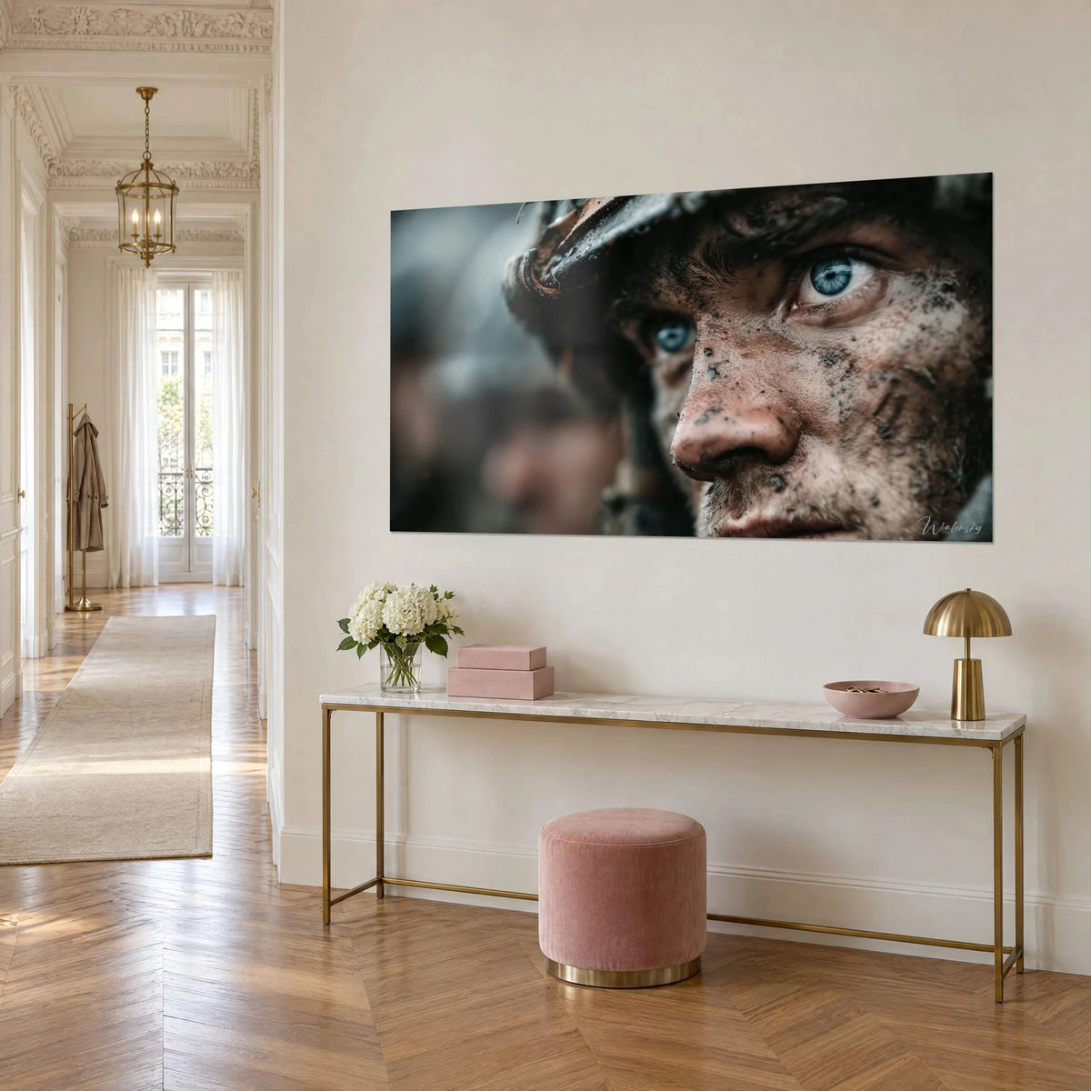 Wall art of a fighter with steel-blue eyes, cheeks smeared with brown earth and dented grey helmet, three-quarter view in the entrance hall