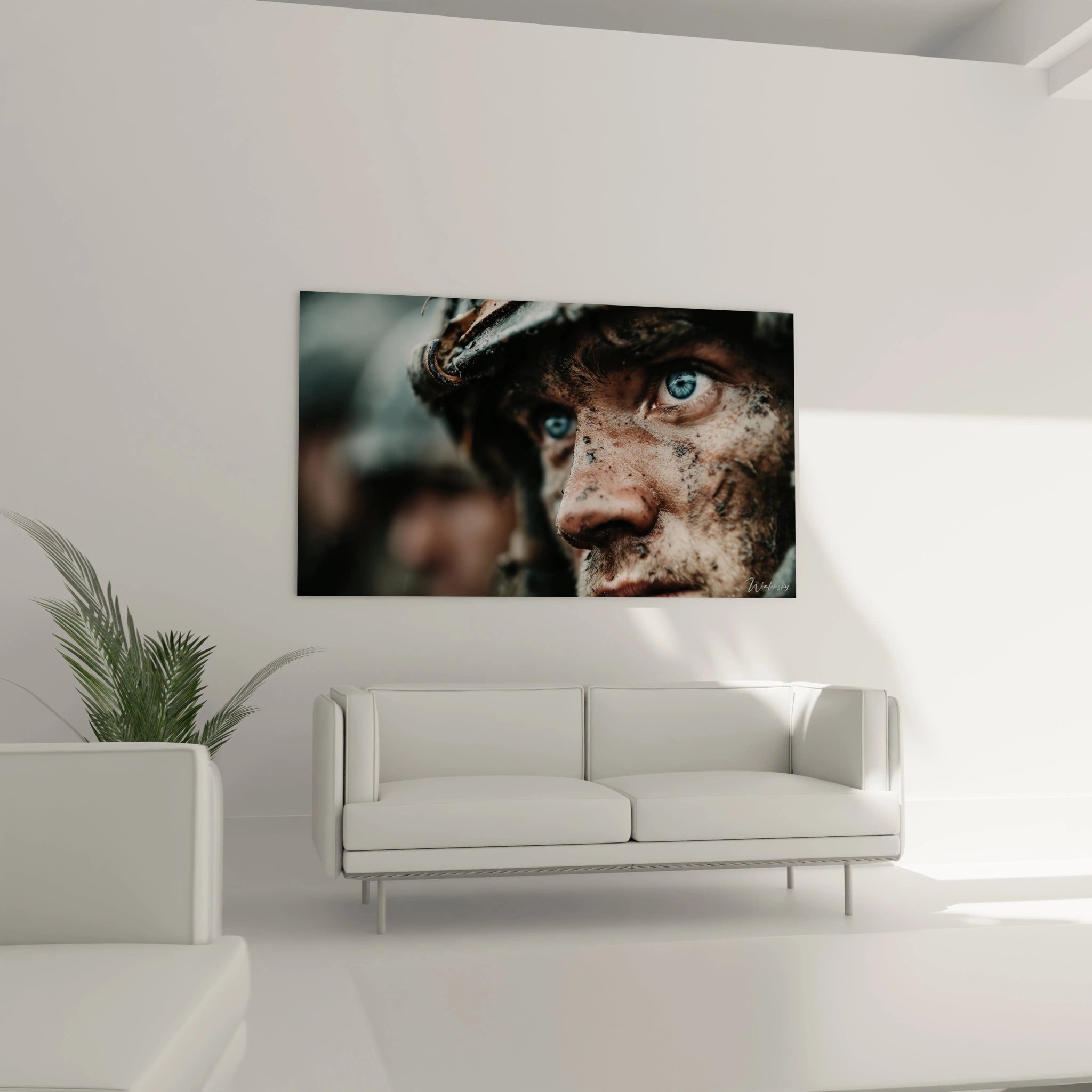 Tableau mural Walensky tableau soldat Première Guerre mondiale gros plan visage boue yeux bleus décor salon moderne