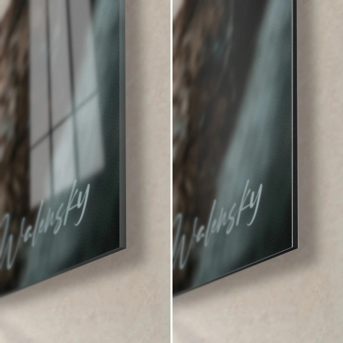 Wall art of an infantryman with pale blue eyes, glossy glass and matte black Dibond in the bottom right corner, visible 3 mm edge