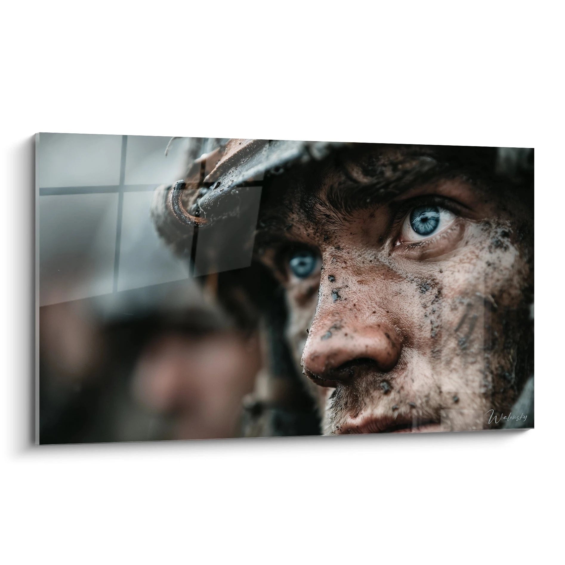 Tableau mural Walensky montrant gros plan d un soldat boueux aux yeux bleus tableau soldat Première Guerre mondiale