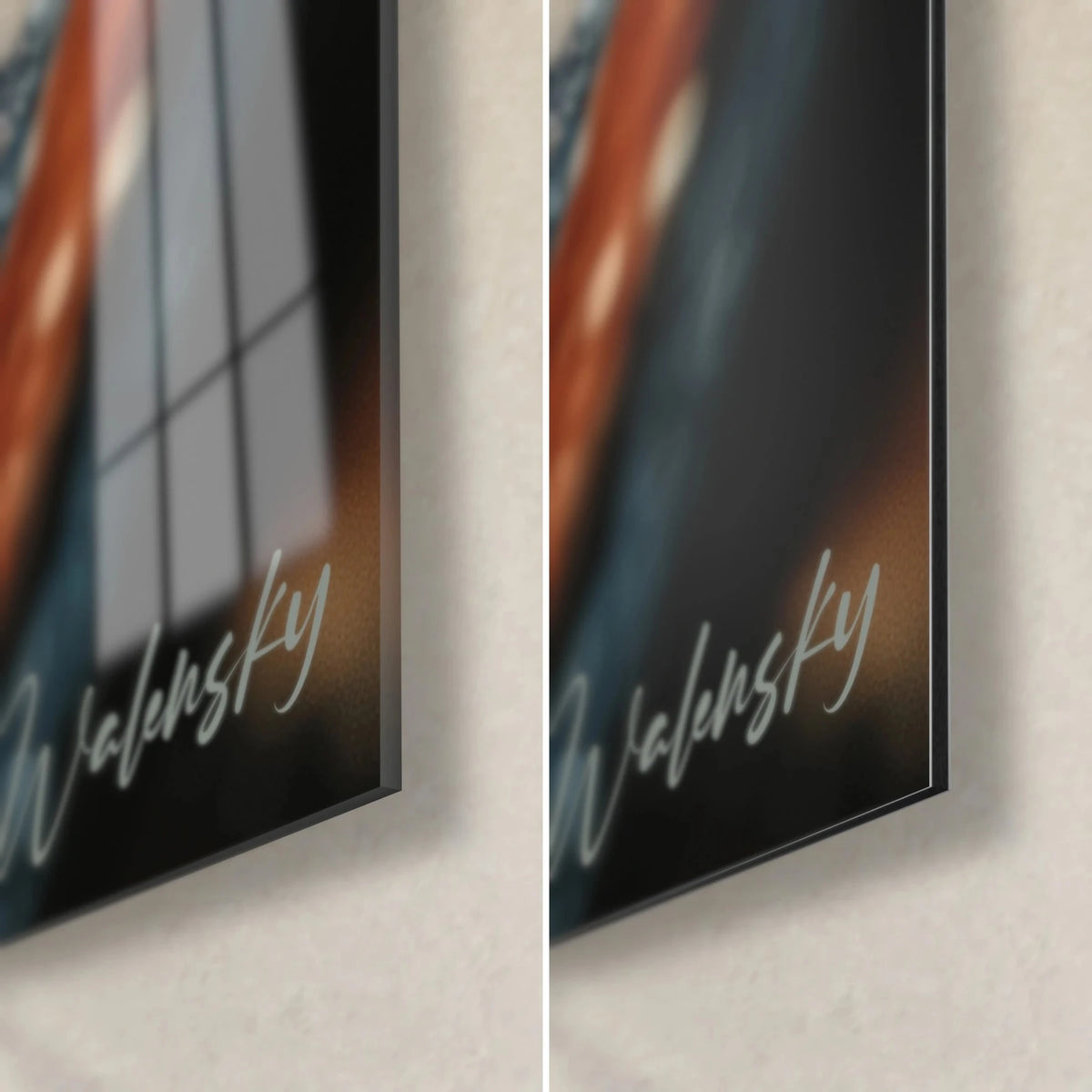 Wall art close-up of a Tommy, bottom right corner: glossy glass on the left, matte Dibond on the right, silver signature, 3 mm edge